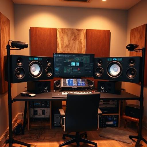 A mastering studio setup with monitors and audio equipment