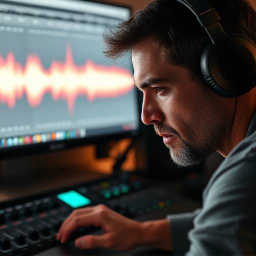 An audio engineer editing sound waves on a computer screen
