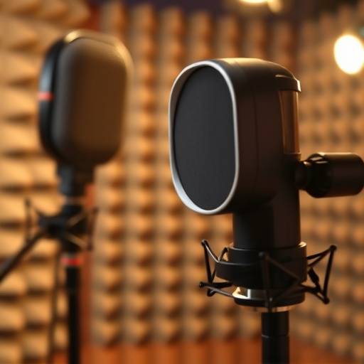 Close-up of a professional microphone in a recording booth