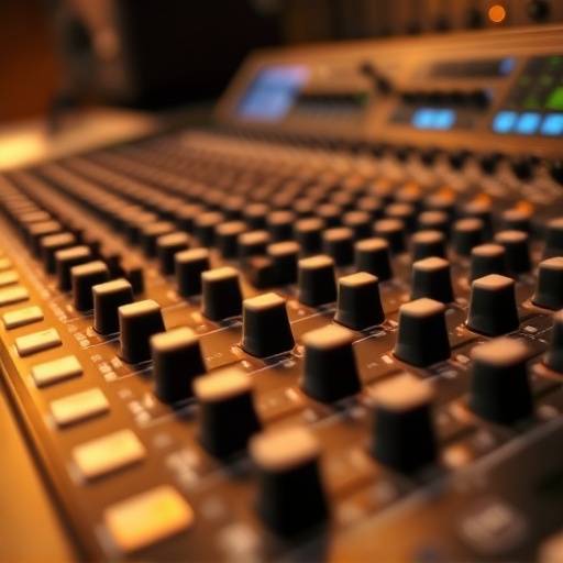 Close-up of a professional mixing console with various knobs and faders