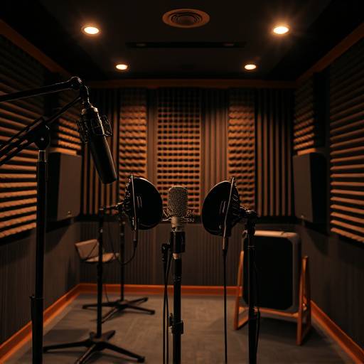 Inside a professional recording booth with microphones and acoustic treatment